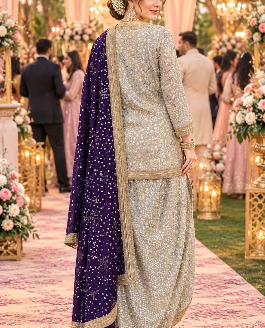 2182 - Gold Georgette Readymade Salwar Suit with Embroidered, Resham and Sequins Work